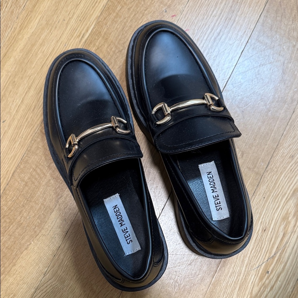 Steve Madden Black Loafers with Gold Detail
